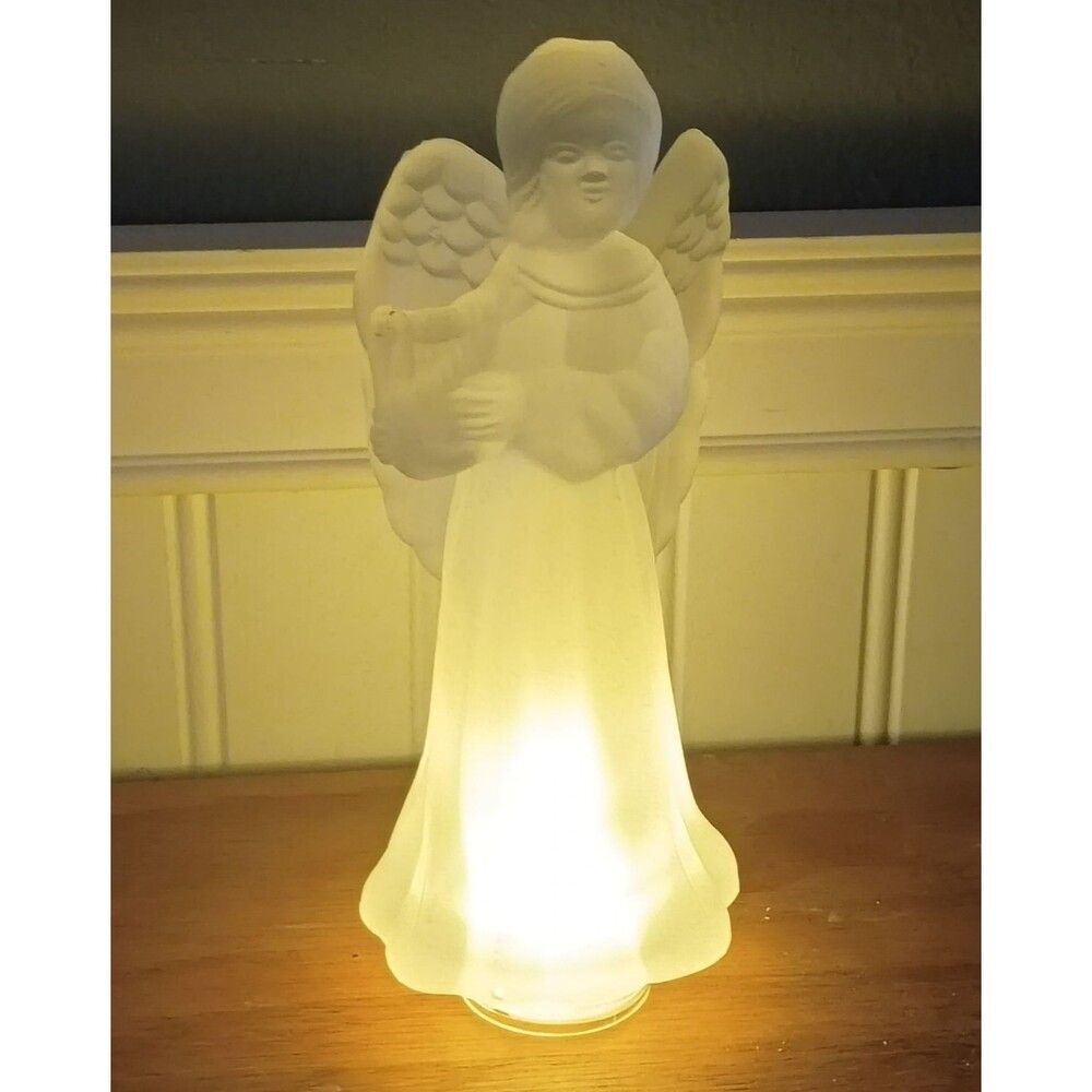 Frosted Glass Angel with Wings Holding a Harp Electrical Cord Opening Beautiful